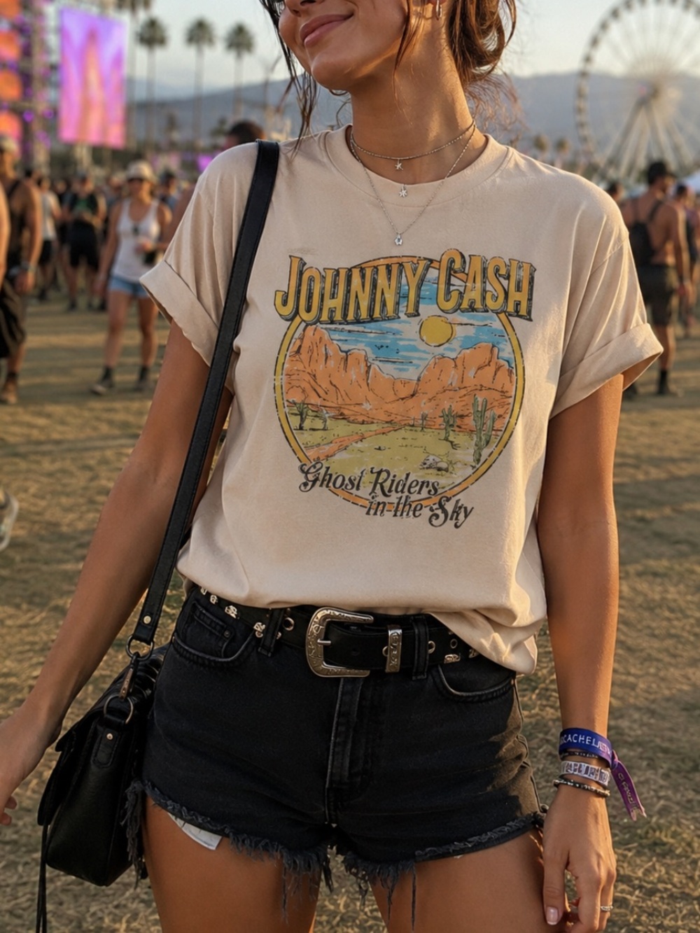 Johnny Cash Ghost Riders Short Sleeve Vintage Tee - Beige